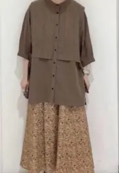 サマンサモスモス ブラウン リネン混 レースベスト重ね着風五分袖シャツ