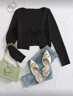 SHEIN カーディガン ブラックリブ編み長袖クロップドトップス Lサイズ