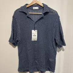 ZARA 半袖シャツ　ニット　編み　ブルー　開襟シャツ