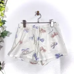 ジェラートピケ ショートパンツ ルームウェア リボン 総柄 ホワイト 白 F