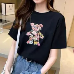 くま クマ 熊 プリント イラスト Tシャツ 半袖 花 フラワー 柄 黒 可愛い