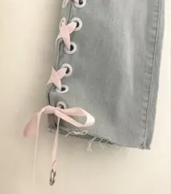 【新品未使用】サイドリボンデニムパンツ 編み上げ ボトムス ジーンズ 韓国