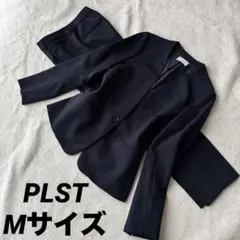 PLST プラステ パンツスーツ ネイビー M ノーカラー ストレッチ 紺色