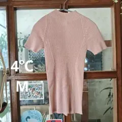 4℃　リブ編み ピンク ハイネック 半袖コットンニット　М