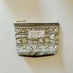 ハンドメイド＊インド刺繍のポーチ　Green チャックタイプ