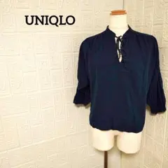 ユニクロ リネンブレンドギャザーブラウス 七分袖 ネイビー 紺色 無地 洗えるM