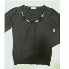 パターン 黒 薄い ニット 長袖 トップス リボン ストーン