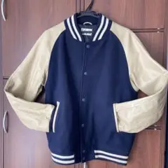 袖牛革スタジャン ネイビー/ベージュ