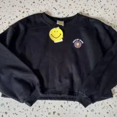 しまむら　トレーナー　裏起毛　スマイルフェイス　黒　バックプリント　150サイズ