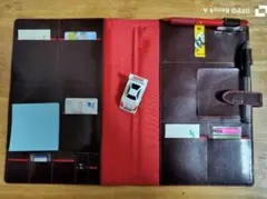 B5手帳カバー　ブラウン✕レッド合成皮革 2分冊　マルチポケット　ノート進呈