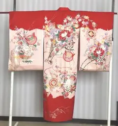 子供着物 お宮参り 七五三 3歳 鼓に花模様 赤色 しつけ糸 CK-7321