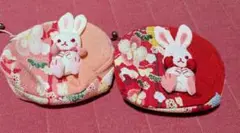 ウサギ刺繍ちりめん小物入れ2個セットポーチ