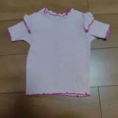 アプレレクール　ピンク　フリル付きストライプ半袖Tシャツ
