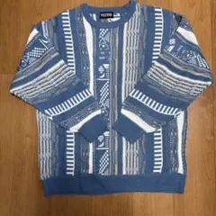 未使用品 美品 幾何学模様 ニット セーター 青白 総柄 coogi風 古着