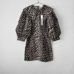 GANNI 襟付きヒョウ柄ミニワンピース 半袖 バルーンスリーブ サイズ36 GANNI レオパード シャーリング ミニワンピース | ブラウン