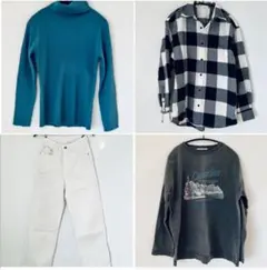 【 4着セット まとめ売り 】白デニム チェックシャツ ハイネックニット ロンT