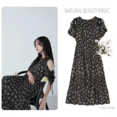 ｟NATURAL BEAUTY BASIC｠デザインショルダープリントワンピース