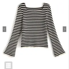 ボーダー柄スクエアネックフレアスリーブニットトップス グレイル