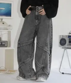 MSG オーバーサイズバギーワイドバイカーデニムパンツ ウォッシュ／ケミカル／