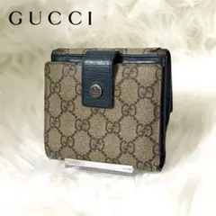 【美品】 GUCCI レザー×PVC 二つ折り財布 GG総柄 プレート ブルー