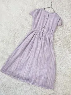 半袖ワンピース　フレンチスリーブ　ストライプ　パープル　薄手　ウエストゴム