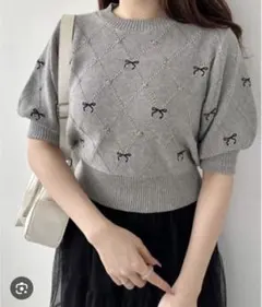 OLIVE des OLIVE アーガイル柄リボン刺繍ニット 半袖のサムネイル