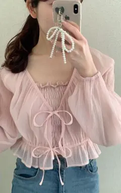 GRLグレイルダブルリボンシフォンボレロ　キャミソールアンサンブル　ピンク