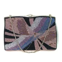 ビーズ刺繍　ネイビー地　パープル、ブルー　花柄　クラッチバッグ　パーティー