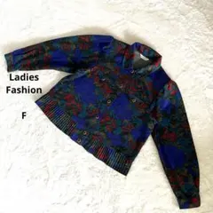 ヴィンテージ 長袖トップス　ジャケット 日本製　肩パッド　花柄　青系　抽象柄