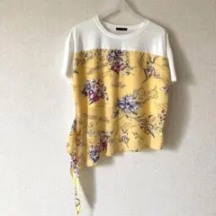 RANAN スカーフ柄　切り替え シャツ　ドッキング イエロー　花柄　Lのサムネイル