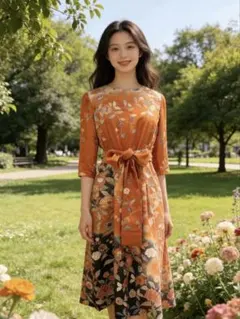 花柄オレンジ長袖ワンピース　着物リメイクワンピース