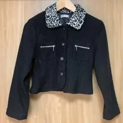 ブークレーショート丈モノトーンジャケット 黒 ブラック レオパード 起毛 秋冬