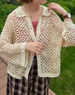 新品SM2クリーム色マシンクロシェシャツカーディガン羽織りF