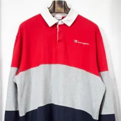 Champion ラガーシャツ 赤 グレー 紺 リバースウィーブ XL 古着