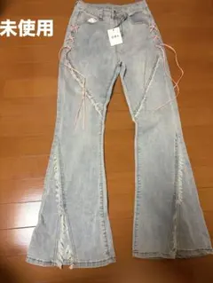 サイドカットアウトリボンフレアデニムパンツ[cu578]
