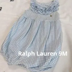 ラルフローレン　水色ギンガムチェックロンパース　9M 胸元フリル　ポニー刺繍