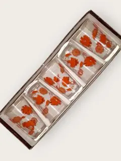 オレンジ花柄ガラス製コップ　グラス　タンブラー　5個セット　5客　昭和レトロ