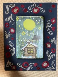 花柄刺繍ネイビーブルーフォトフレーム