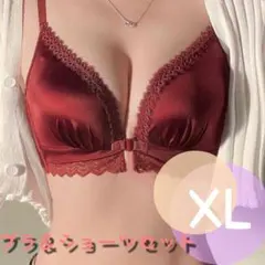 XL レッド フロントホック 盛りブラ ノンワイヤーブラ & ショーツセット