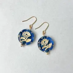 NO.1260 ブルーフラワーコインチェコガラスビーズイヤリング/ピアス