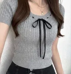 リボン付き♥グレー半袖ニット新品未使用 送料込