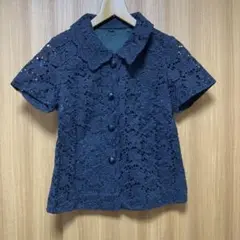 レトロ　ヴィンテージ　シャツ　半袖　黒　刺繍　調　レース調