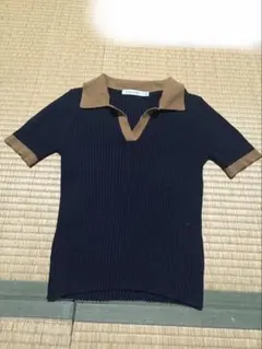 MOUSSY 半袖 ニット ポロシャツ ネイビー ブラウン F