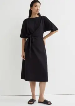 H&M ミモレ丈　ワンピース ブラック　リボン　ボートネック