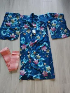 花柄浴衣 青色 帯付き