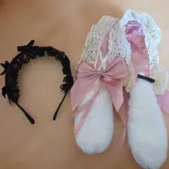 コスプレ用ヘッドドレス黒 ウサギ耳レースヘッドドレス セット