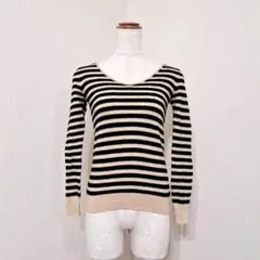 GAP 長袖 ボーダーニット メリノウールセーター【XXS】ベージュ×ブラック