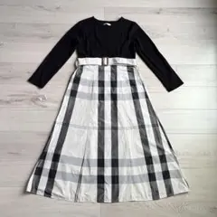 ドッキングワンピース シャカシャカスカート 長袖 チェック ベルト ロング丈 L
