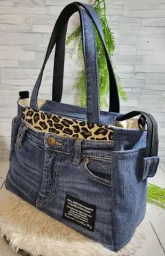 [デニムリメイク]　サイドポケット付きトートバッグ(中)　№95