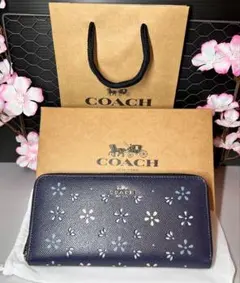 COACH コーチ 長財布 花柄 ネイビー カットアウト即購入okですのサムネイル